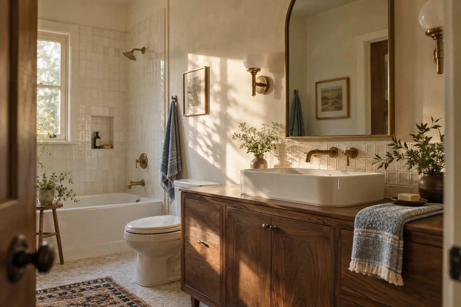 A light-filled bathroom with warm stone, wood cabinetry and considered details. Illustrative design imagery.