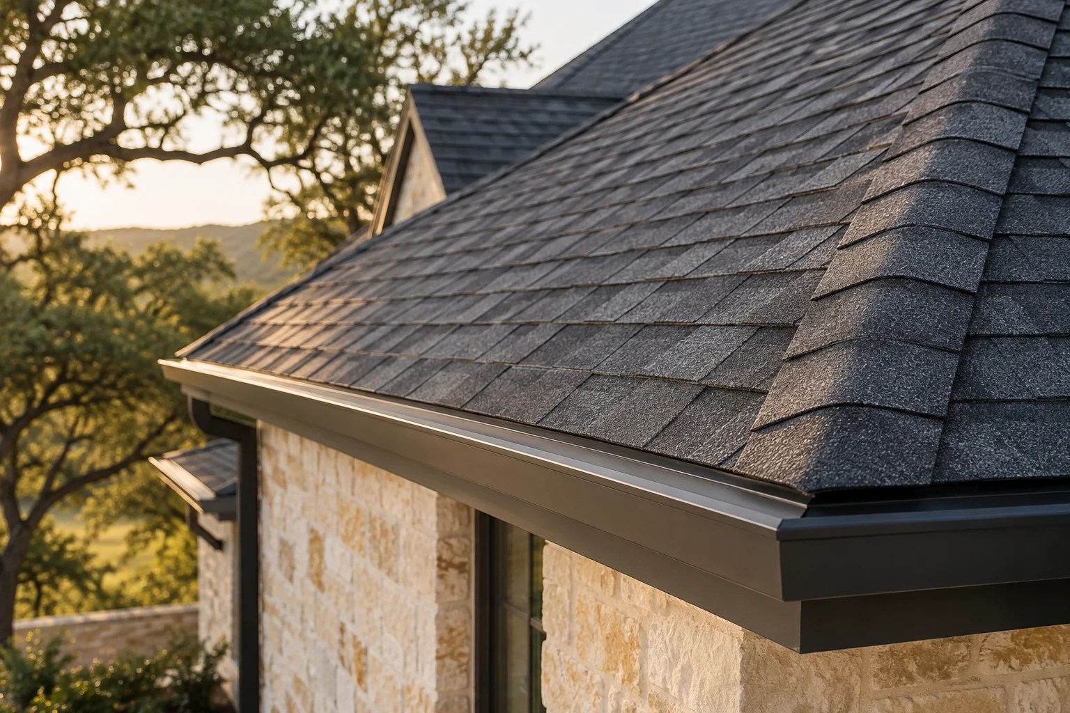 Architectural shingle roofing and a carefully finished ridge detail