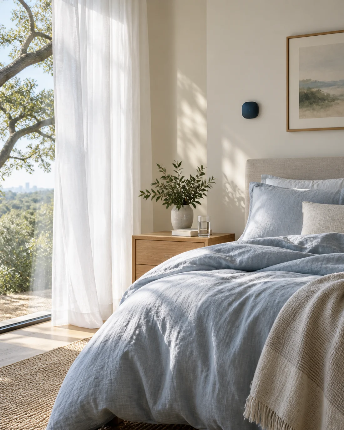 Cool blue linen in a quiet bedroom with soft morning light