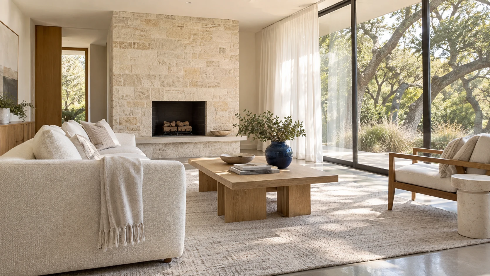 A peaceful sunlit living room with linen curtains and views of Texas live oaks
