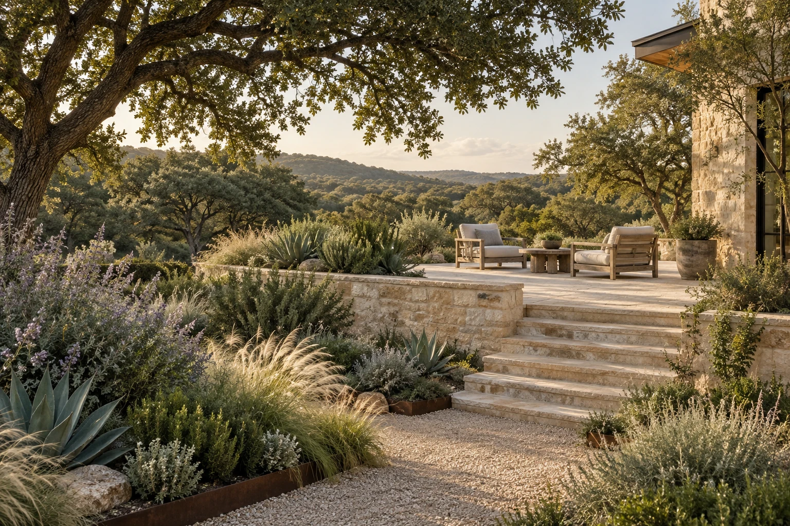 An imagined Hill Country garden with layered native planting, limestone steps and a quiet terrace. AI-generated landscape study.