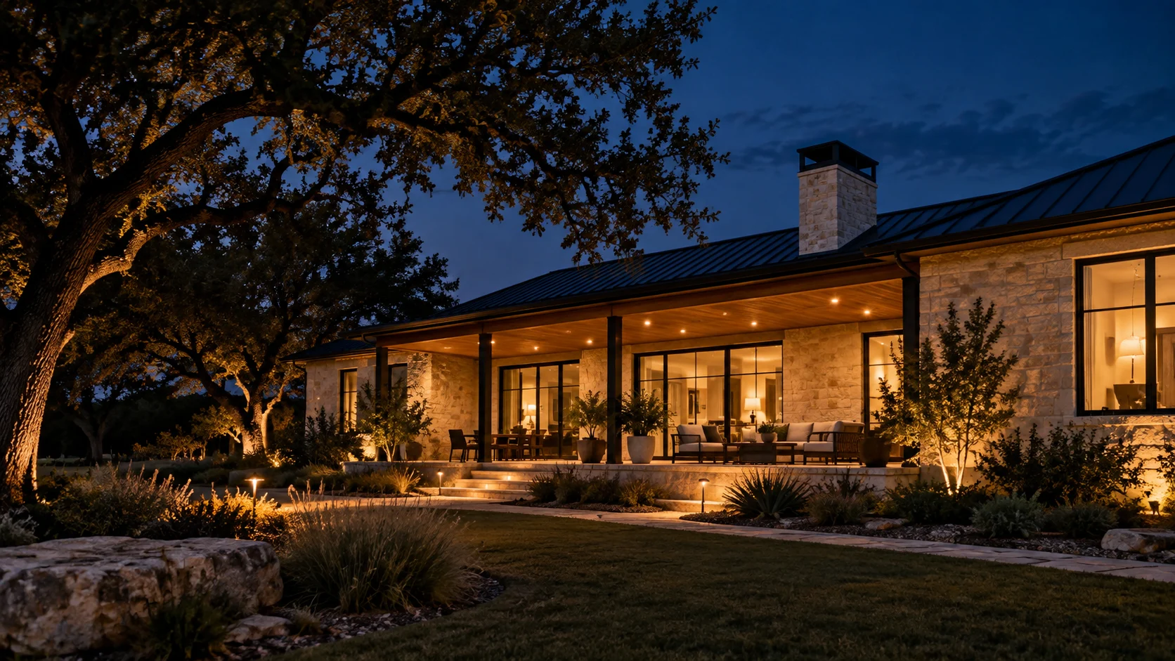 Illustrative Hill Country home with warm porch and landscape lighting at dusk