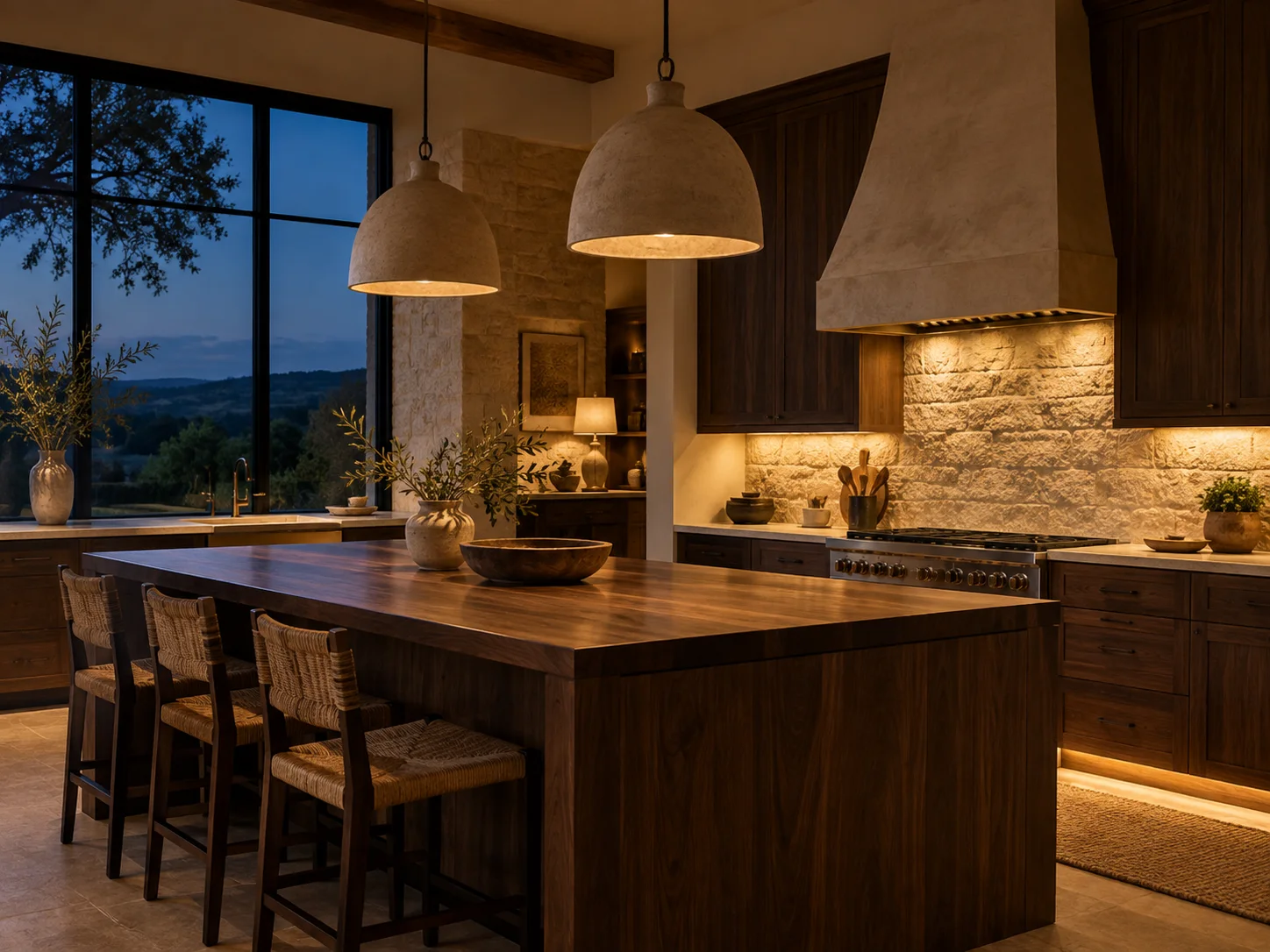 Illustrative kitchen showing the warm effect of pendant and under-cabinet lighting