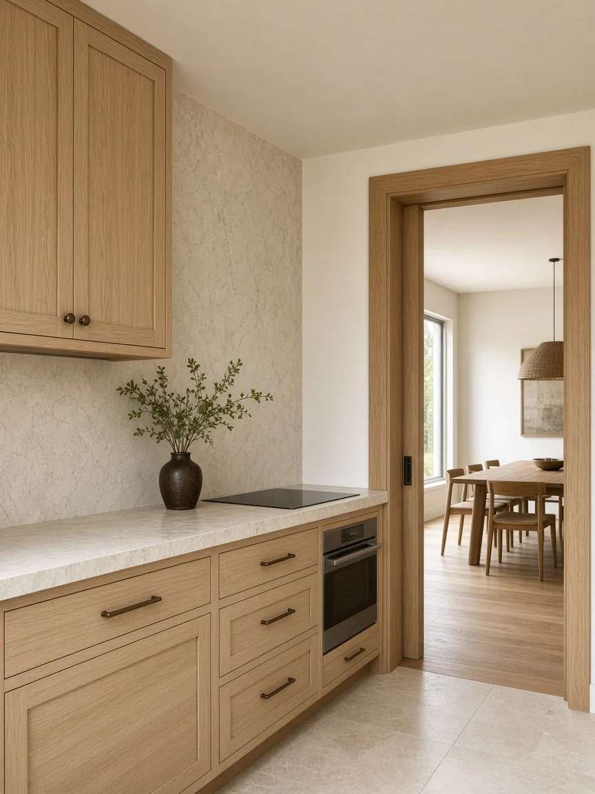 Oak cabinetry and a finished doorway in a remodeled kitchen