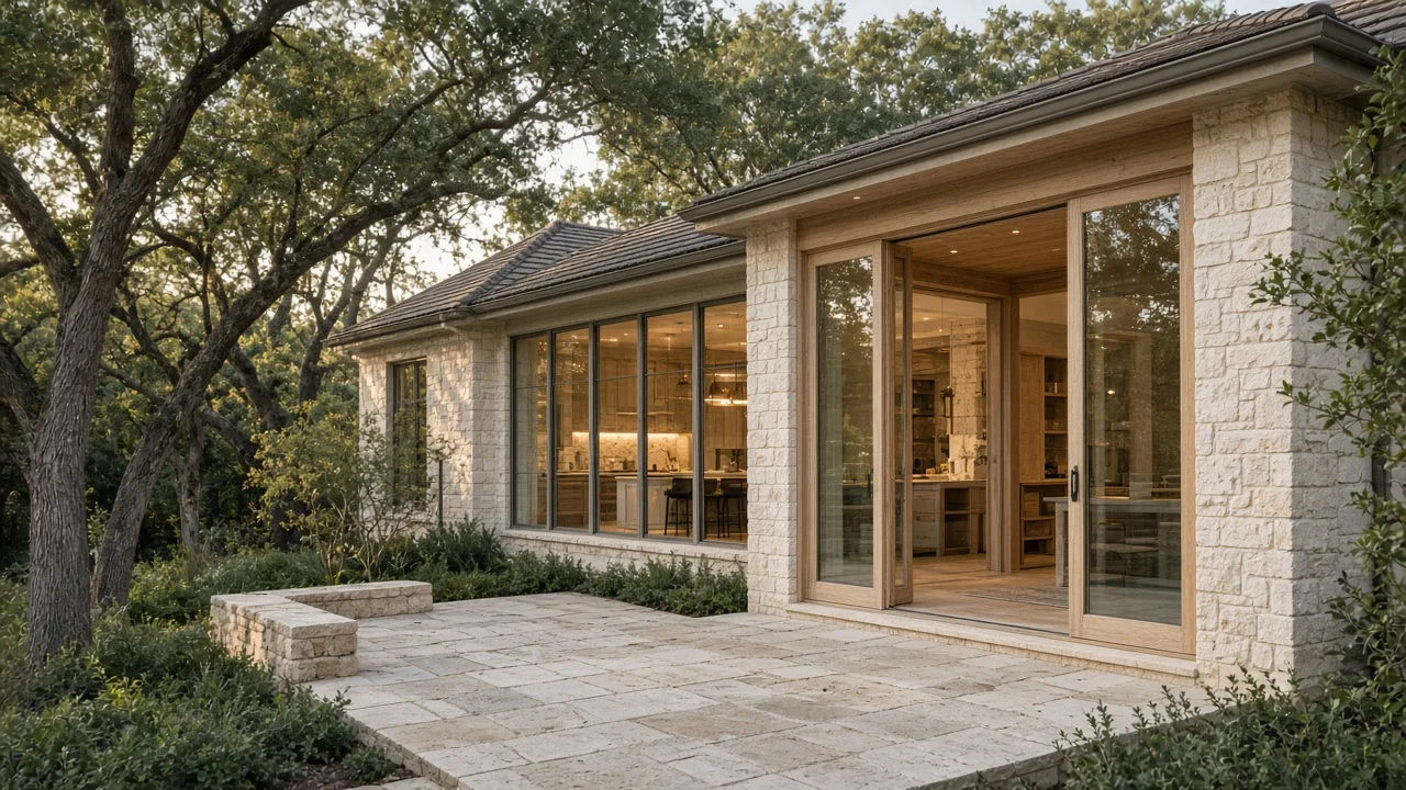 A limestone home with a new glass-and-oak room opening to a stone terrace