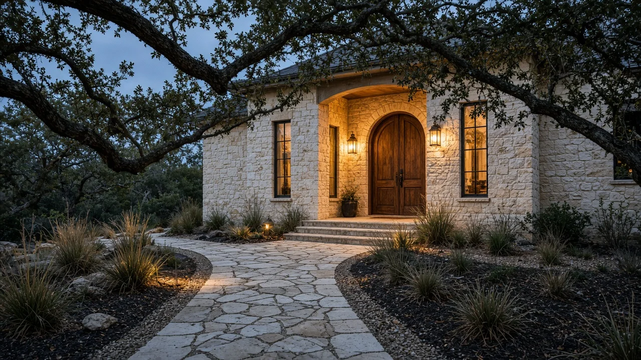 A limestone home with an illuminated entry and a curving stone walkway.