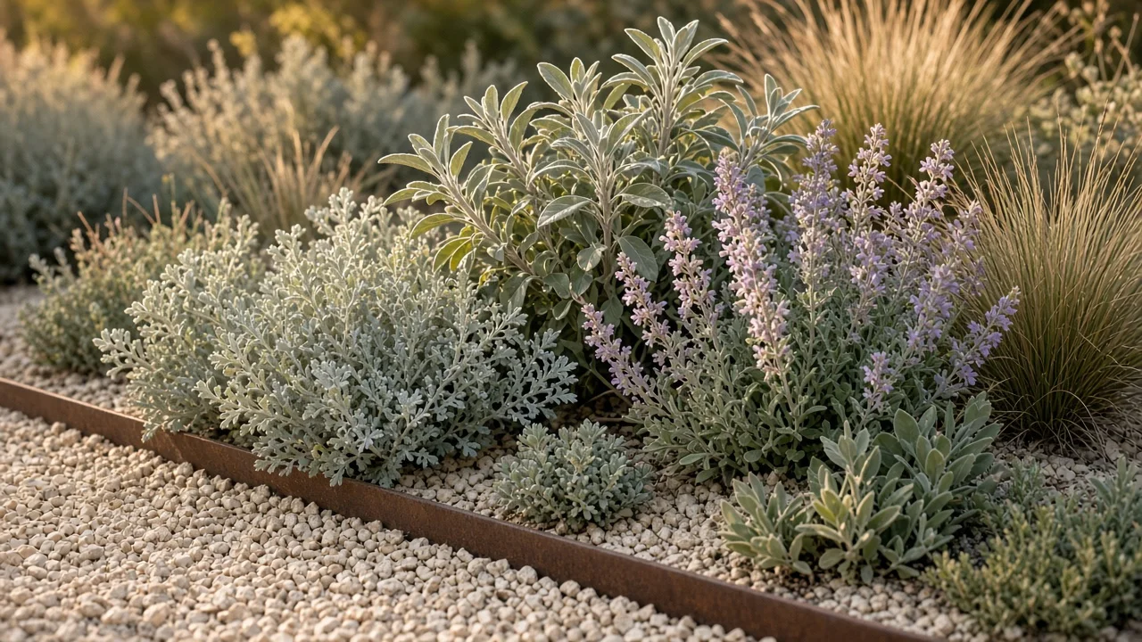 Flowering plants and silvery foliage layered among stone and gravel.